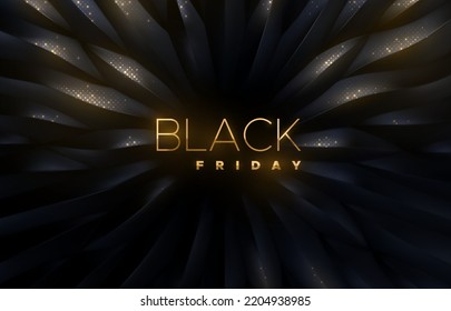 Black Friday sale poster. Commercial discount event banner. Black background textured with golden glitters. Vector business illustration. Ad sign.