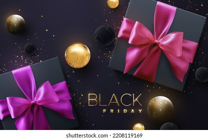 Black Friday sale poster. Commercial discount event banner. Black gift boxes with pink and purple bow and ribbon with golden glitters and glossy balls on black background