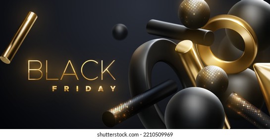 Black Friday sale poster. Commercial discount event banner. Golden Black Friday sign with black and golden glittering geometric shapes