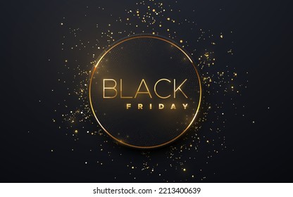 Black Friday sale poster. Commercial discount event banner. Black circle paper shape textured with golden glitters. Vector business illustration. Ad sign.