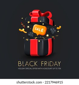 Black Friday sale poster or commercial discount event banner on black background with glossy Gift Box and shine golden letters. Social media template. Vector Illustration