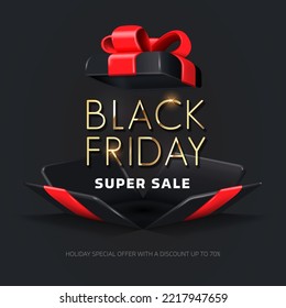 Black Friday sale poster or commercial discount event banner on black background with glossy Gift Box and shine golden letters. Social media template. Vector Illustration