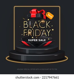 Black Friday sale poster or commercial discount event banner on black background with glossy opened Gift Box and Sale tag. Social media template. Vector Illustration