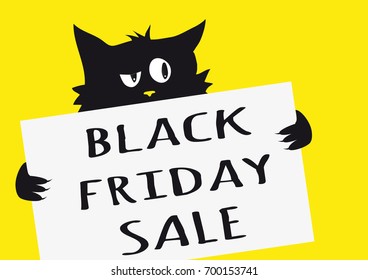 Black friday sale poster with black cynical cat on yellow background and one sign with text Black friday sale