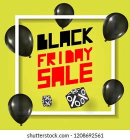 Black Friday Sale Poster with Dark Shiny Balloons on Yellow Background  with Square Frame and Dice