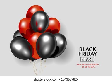Black Friday sale poster with dark and red balloons isolated on white background. Vector illustration.