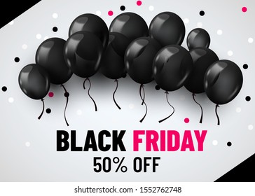 Black Friday Sale Poster with Dark Shiny Balloons Bunch Isolated on White Background. Vector illustration.