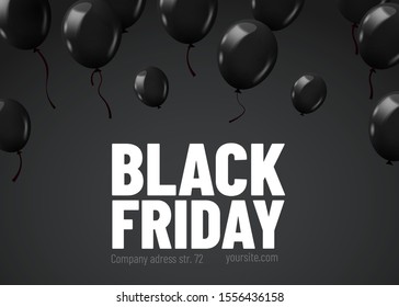 Black Friday Sale Poster with Dark Shiny Balloons Bunch Isolated on Black Background. Vector illustration.