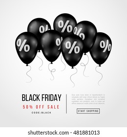Black Friday Sale Poster with Dark Glossy Balloons on Bright Background. Vector illustration.