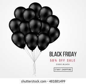 Black Friday Sale Poster with Dark Shiny Balloons Bunch Isolated on White Background. Vector illustration.