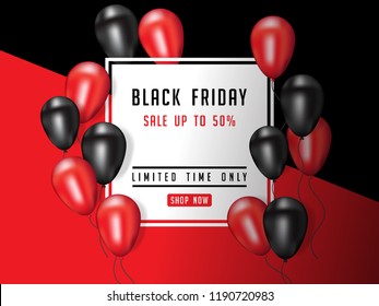 Black Friday Sale Poster design with Shiny Balloons Modern Geometric Background with Square Frame. Vector illustration.