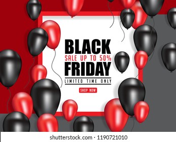 Black Friday Sale Poster design with Shiny Balloons Modern Geometric Background with Square Frame. Vector illustration.
