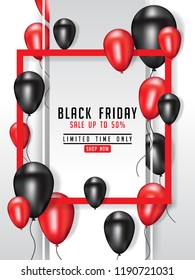 Black Friday Sale Poster design with Shiny Balloons Modern Geometric Background with Square Frame. Vector illustration.