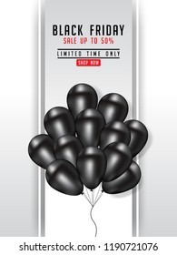 Black Friday Sale Poster design with Shiny Balloons Modern Geometric Background with Square Frame. Vector illustration.