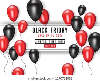 Black Friday Sale Poster design with Shiny Balloons Modern Geometric Background with Square Frame. Vector illustration.