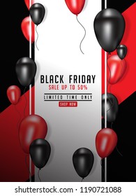 Black Friday Sale Poster design with Shiny Balloons Modern Geometric Background with Square Frame. Vector illustration.