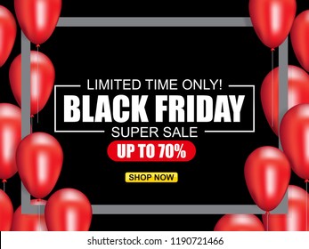 Black Friday Sale Poster design with Shiny Balloons Modern Geometric Background with Square Frame. Vector illustration.