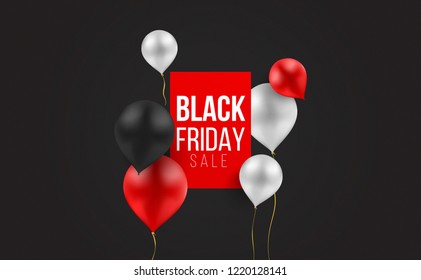 Black Friday Sale poster design. creative 3D realistic red, black and white color balloons. 