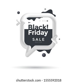 Black Friday Sale poster design with geometric flow shape. Black and white discount banner with 3d blend speech bubble.