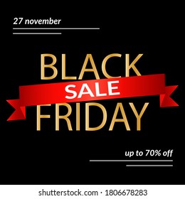 Black Friday sale poster. Design with gold letters and red gift ribbon on a dark background.