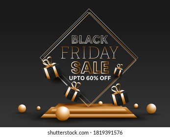 Black Friday Sale Poster Design with 60% Discount Offer, 3D Golden Balls and Gift Boxes on Dark Grey Background.
