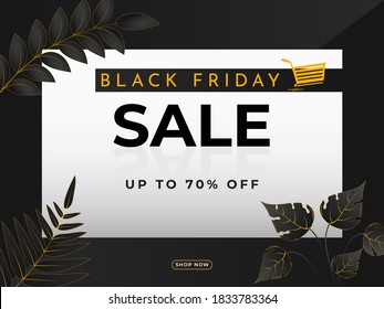 Black Friday Sale Poster Design with 70% Discount Offer and Leaves on White and Dark Grey Background.
