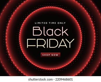 Black Friday Sale Poster Design With Lighting Round Shapes In Red And Black Color.