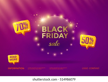 Black Friday Sale Poster Design With Purple Background And Gold Text. Vector Banner Discount