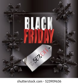 Black Friday. Sale poster design, template. Vector. Black Friday Sale discount wallpaper with Price Tag, Black snowflakes on black glass background. Holiday Sale Advertising web banner. Cyber Monday.