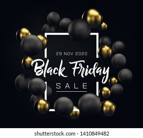 Black Friday sale poster. Discount offer flyer design. Commercial discount event banner. Black abstract background with round geometric golden glittering spheress. Vector 3d illustration. Ads sign