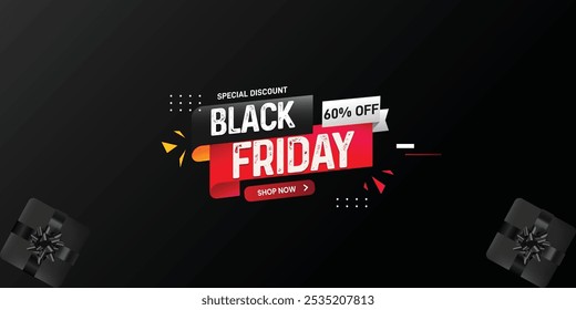 Póster de venta de Black Friday con Elementos promocionales como cajas de regalo negras, globos, Anuncio, póster, fondo, Plantilla, diseño de publicaciones en redes sociales, etc. 