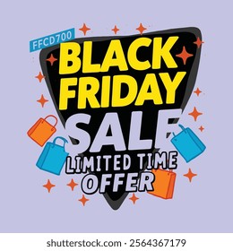 Black Friday Sale Poster featuring promotional elements such as black gift boxes, balloons, megaphones, and 3D percentage symbols with vector