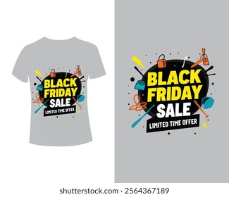 Black Friday Sale Poster featuring promotional elements such as black gift boxes, balloons, megaphones, and 3D percentage symbols with vector
