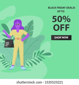 BLACK FRIDAY SALE POSTER. FLAT ILLUSTRATION WOMAN WITH GREEN FLORAL BACKGROUND.