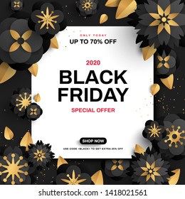 Black Friday sale poster with flowers on dark background, gold confetti and square frame. Vector illustration. Typography template for text.