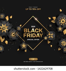 Black Friday sale poster with flowers on dark background, gold confetti and frame. Vector illustration. Typography template for text.