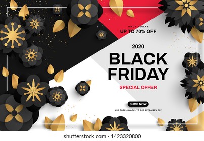 Black Friday sale poster with flowers on geometric background with gold confetti and frame. Vector illustration. Typography template for text.