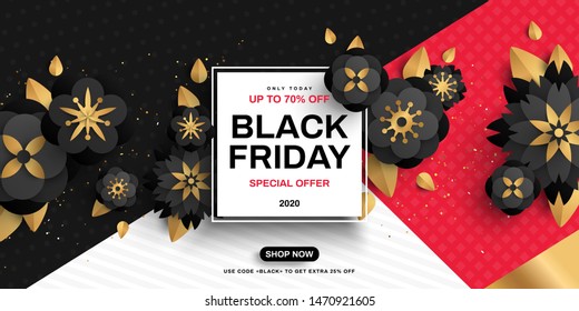Black Friday sale poster with flowers on geometric background, gold confetti and square frame. Vector illustration. Typography template for text.