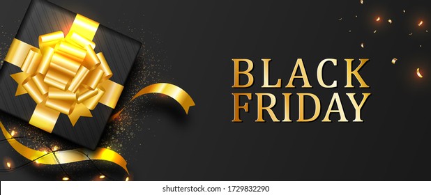 Black Friday sale, poster, flyer, banner. Gift box decoration with gold bow, Sparkling lights on black background. Top view. Design luxury. Vector illustration