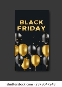 Venta de Black Friday para afiches o volantes y diseño de medios sociales con globos y confeti. Fondo de pantalla para historias y publicaciones, aplicación móvil, banners, tarjetas, plantilla de historias.