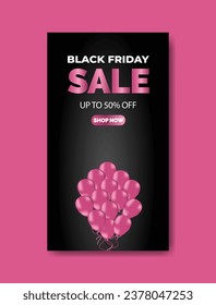 Black Friday Sale for poster or flyer and social media design with balloons and confetti. Screen backdrop for stories and post, mobile app, banners, cards, Stories template.