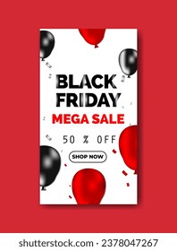 Black Friday Sale for poster or flyer and social media design with balloons and confetti. Screen backdrop for stories and post, mobile app, banners, cards, Stories template.
