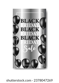 Black Friday Sale for poster or flyer and social media design with balloons and confetti. Screen backdrop for stories and post, mobile app, banners, cards, Stories template.