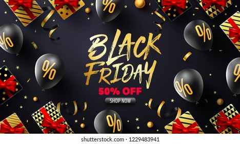 Black Friday Sale Poster with gift box and black balloon for Retail, Shopping or Black Friday Promotion in red and black style.Vector illustration EPS10