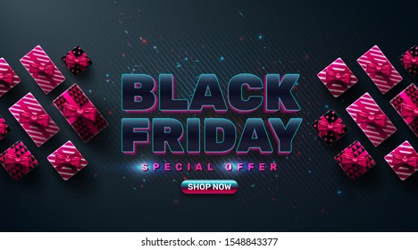 Black Friday Sale Poster with giftbox for Retail,Shopping or Black Friday Promotion in sparkling and neon light style.Creative glowing social media banner design.Vector illustration EPS10