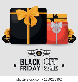 black friday sale poster with gifts boxes vector illustration design