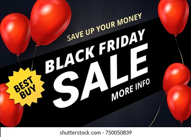 Black Friday Sale Poster with Gloss Shine Red on Balloons Black Background. Shopping Day sale offer, banner template. Autumn Shop market poster design. Vector illustration.