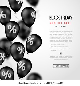 Poster de venda de Black Friday. Balões brilhantes com sinal de porcentagem no fundo branco. Ilustração vetorial.