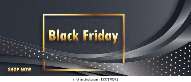 Black Friday sale poster with gold paper cut and craft style on black background for banner, poster or web site