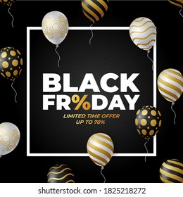 Black Friday Sale Poster with Golden Glossy Balloons on Dark Background. Vector illustration